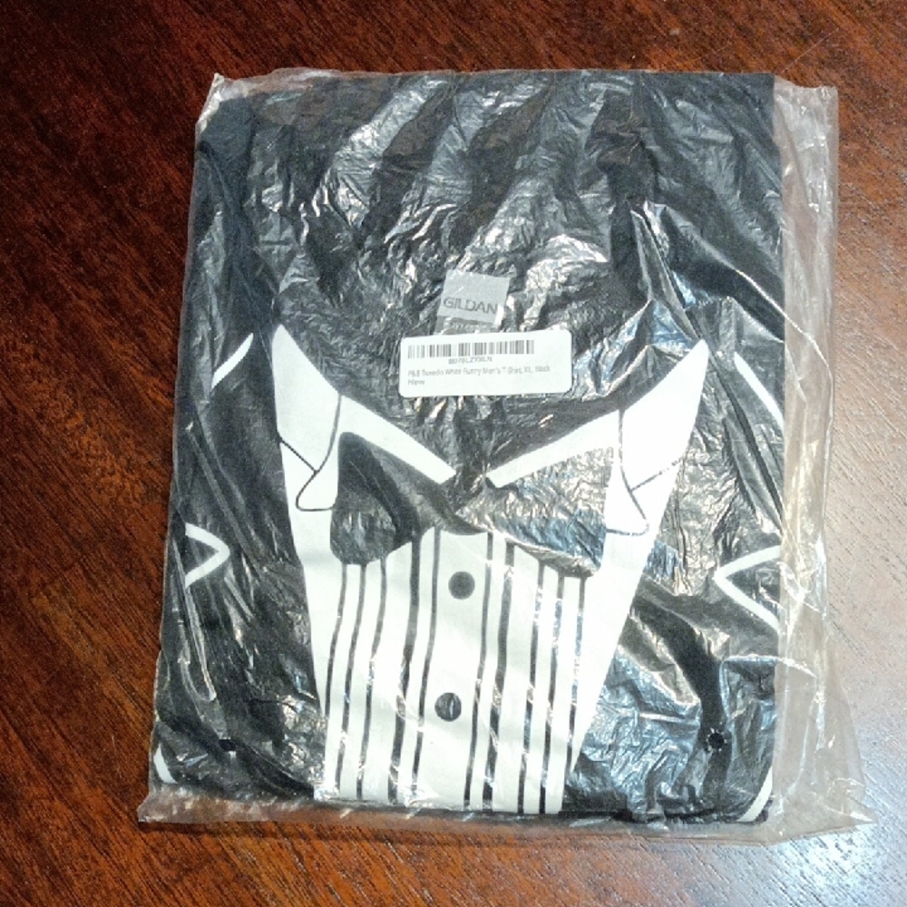 Gildan Black Short-Sleeve Tee with White Tuxedo Graphic - Picture 1 of 3